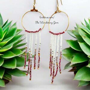 Boho Chic Seed Bead Fringe Cascade Tassel Hoop Dangle Earrings, Statement  4.5"